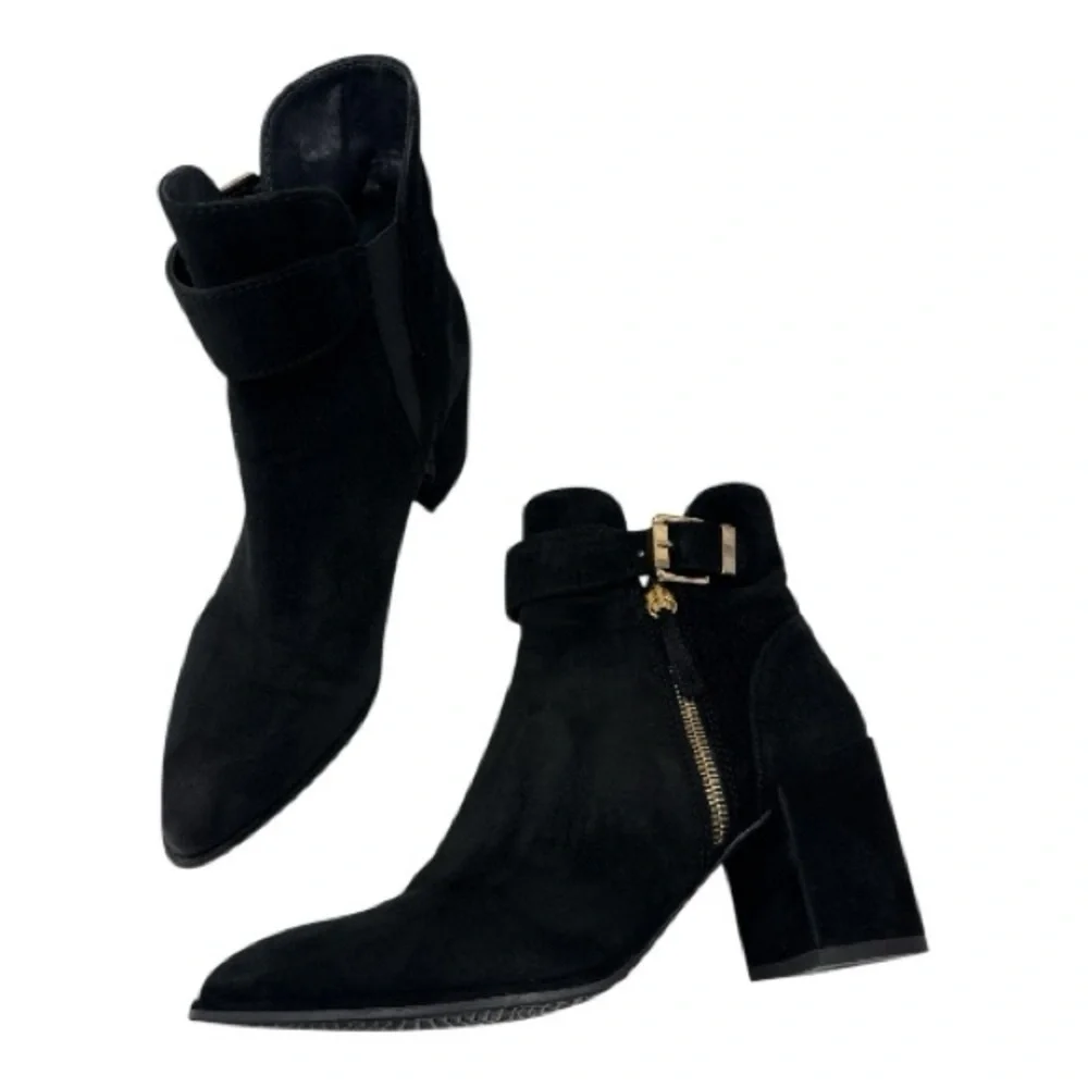 Stuart Weitzman Black Ankle Booties with Gold Zipper